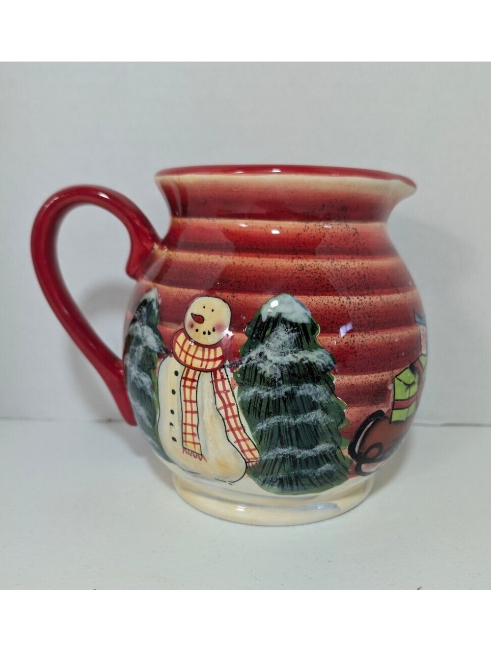 Nantucket Home Christmas Snowman Sleigh Presents Ceramic Pitcher Vase Holiday